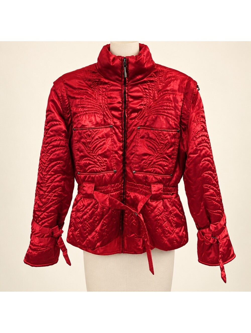 Vintage Spiegel Red Satiny Belted Convertible Jacket Vest Size 10 flawless
